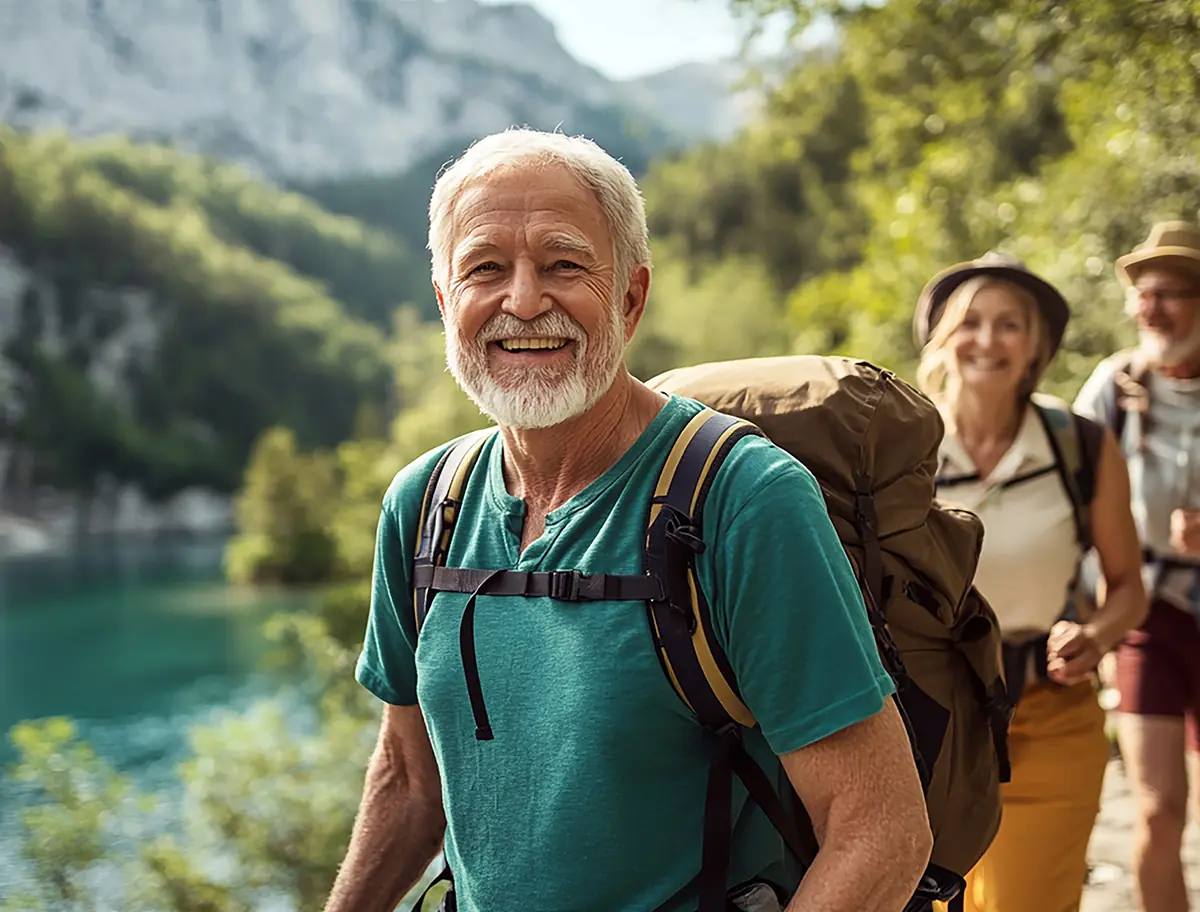 Elderly man hiking beautiful nature trail with friends