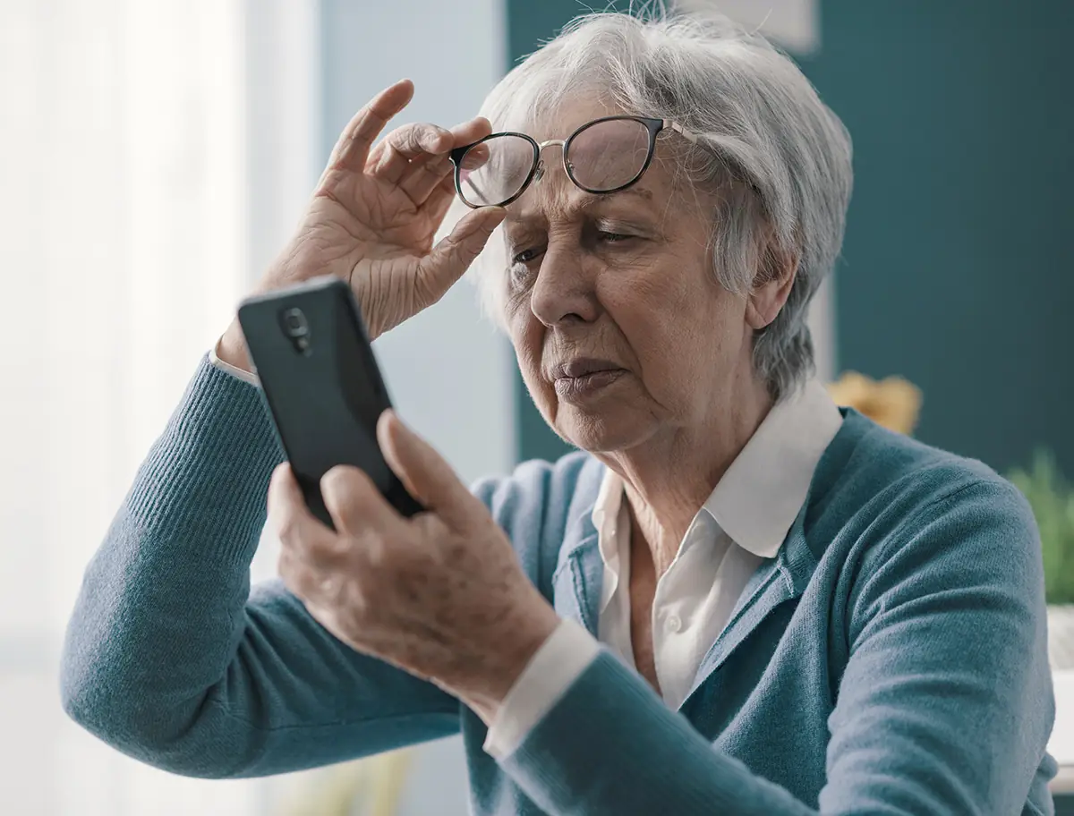 elderly woman struggling to read her phone