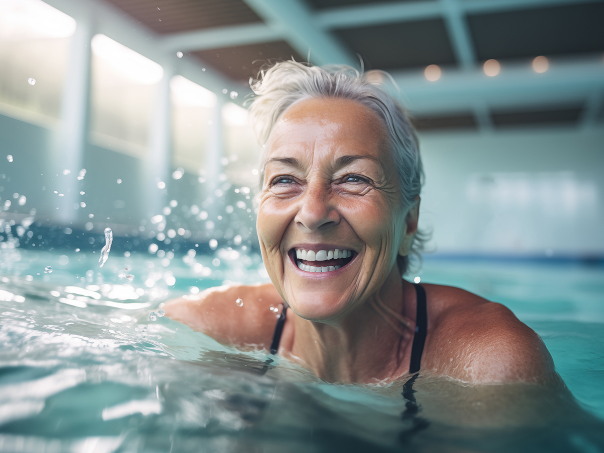 Happy senior woman swimming