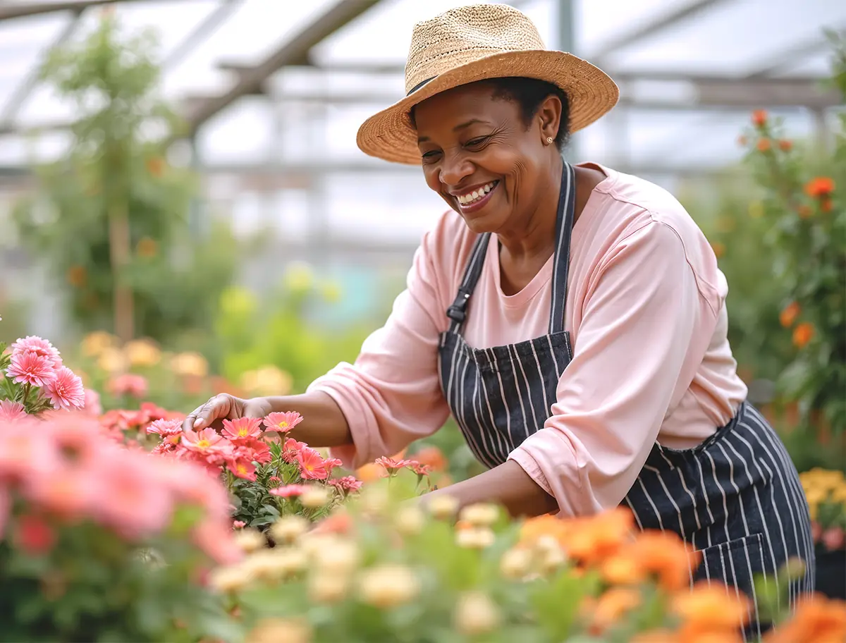happy mature woman gardening