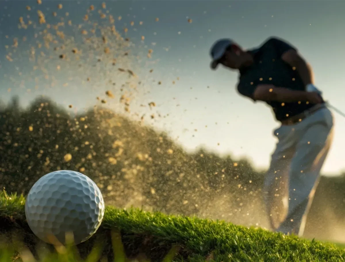 mature man hitting golf ball with clear vision