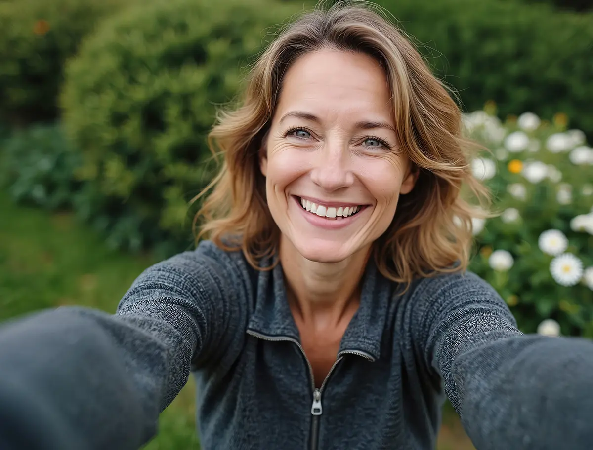 middle-aged woman looking into the camera and smiling