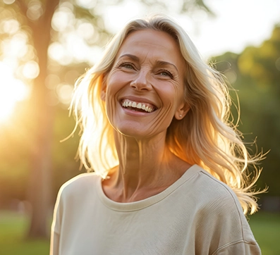 smiling middle aged woman enjoying nature
