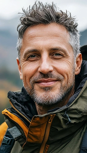 outdoors man in 50s hiking in mountains